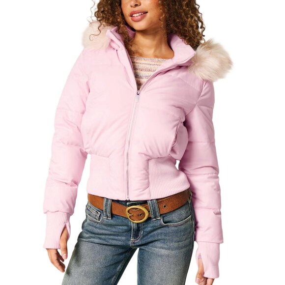 Faux Fur Trim Hooded Quilted Puffer Bomber Jacket Cropped Y2K Chic
